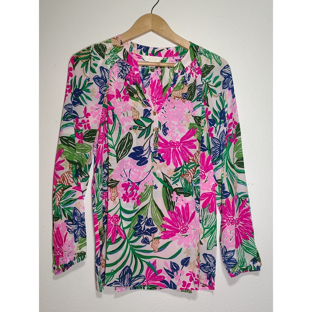 Lilly Pulitzer Elsa Silk Top Tiger Lily Floral Print Pink Green Size M